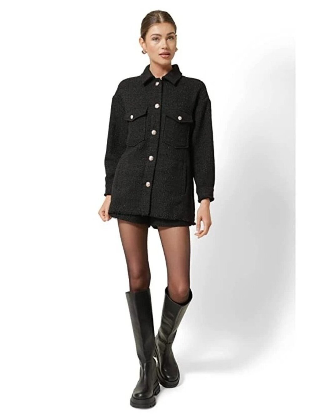 NWT line and dot Womens Size XS Black Zoey Tweed Shacket Jacket with Pockets NEW
